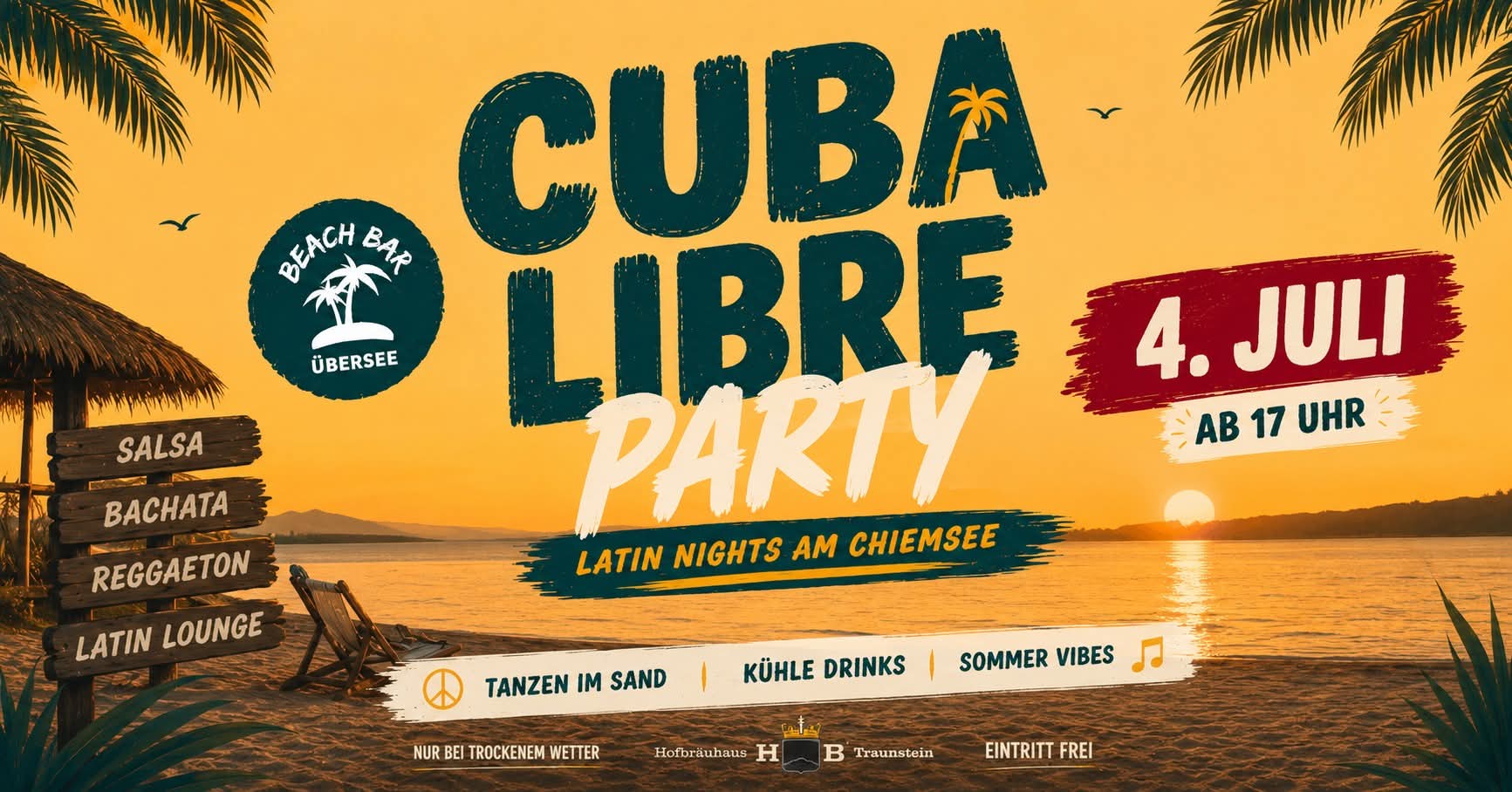 Cuba-Libre-Beach-Party ab 4.7.2026 in Übersee zum Abschluss unserer Radtour rund um den Chiemsee ab 17 h in Übersee (dem Ausgangspunkt unserer Radtour rund um den Chiemsee) Cuba-Libre-Beach-Party ab 4.7.2026 in Übersee zum Abschluss unserer Radtour rund um den Chiemsee ab 17 h in Übersee (dem Ausgangspunkt unserer Radtour rund um den Chiemsee)